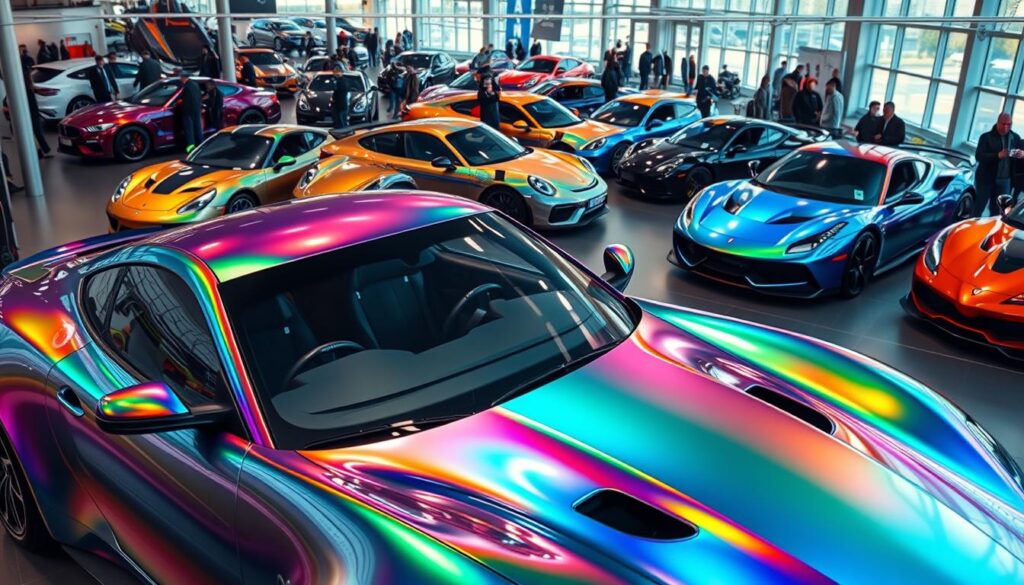 Automotive showroom with cars displaying vibrant chameleon paint, reflecting natural light and drawing the attention of all visitors with its mesmerizing effect.
